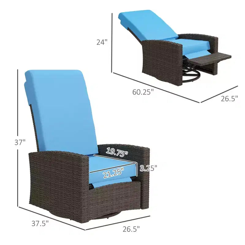 Fauteuil inclinable pivotant en osier pour l'extérieur, repose-pieds relevable, rotation à 360 degrés, coussins résistants à l'eau
