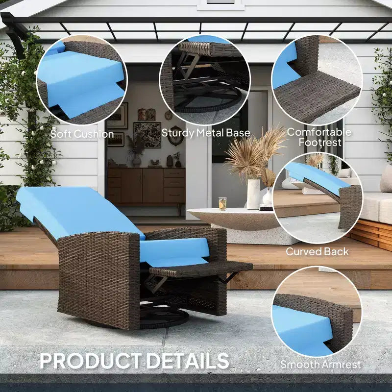 Fauteuil inclinable pivotant en osier pour l'extérieur, repose-pieds relevable, rotation à 360 degrés, coussins résistants à l'eau