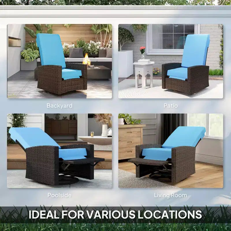Fauteuil inclinable pivotant en osier pour l'extérieur, repose-pieds relevable, rotation à 360 degrés, coussins résistants à l'eau