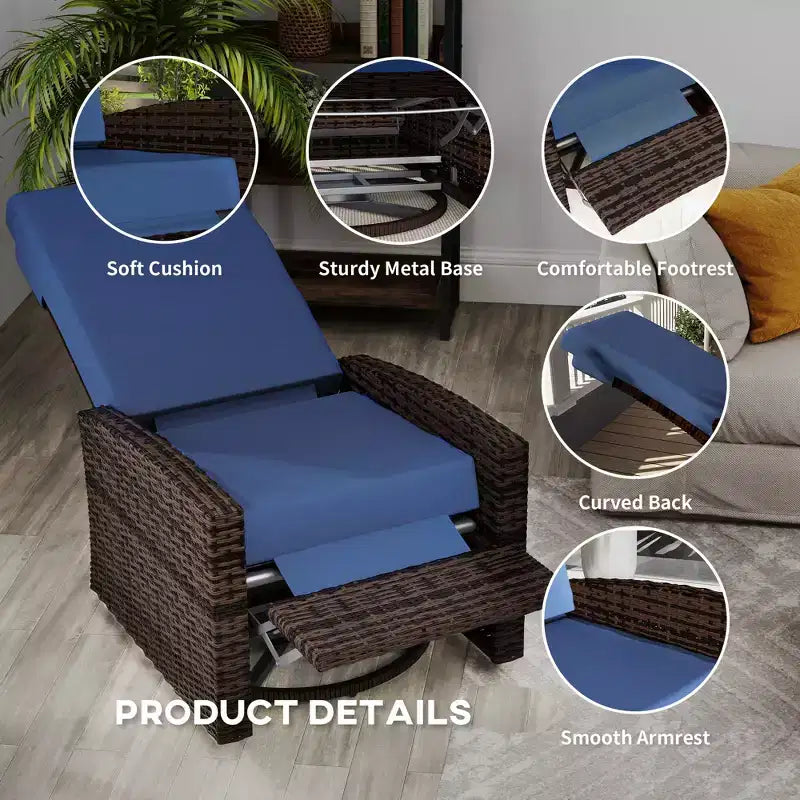 Fauteuil inclinable pivotant en osier pour l'extérieur, repose-pieds relevable, rotation à 360 degrés, coussins résistants à l'eau