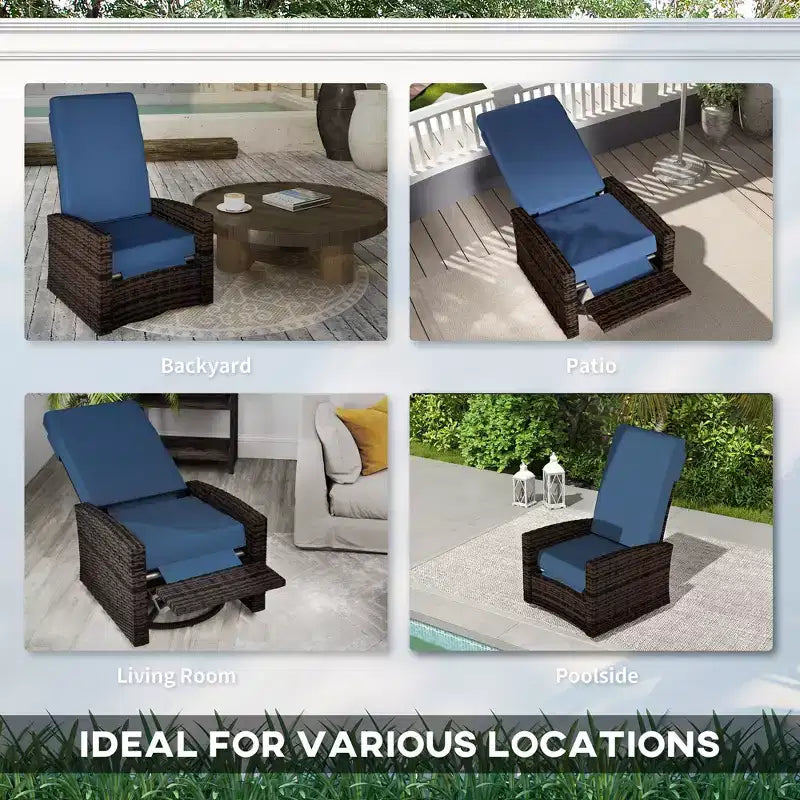 Fauteuil inclinable pivotant en osier pour l'extérieur, repose-pieds relevable, rotation à 360 degrés, coussins résistants à l'eau