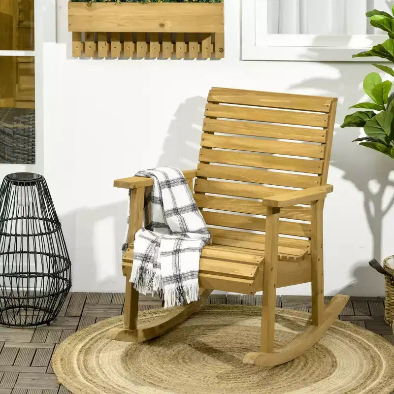 Fauteuil à bascule extérieur en bois, chaise à bascule traditionnelle en lattes de bois avec accoudoirs et dossier haut pour l'intérieur et l'extérieur