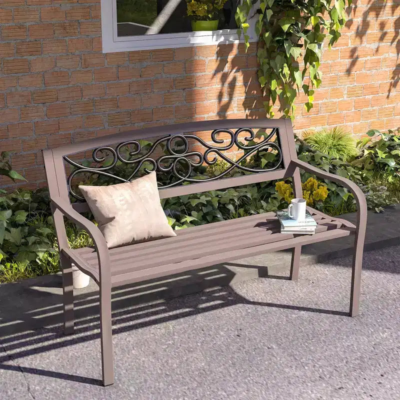 Banc d'extérieur 50 places, banc de jardin en métal avec dossier à motif floral, banc de porche avec siège à lattes pour parc, pelouse