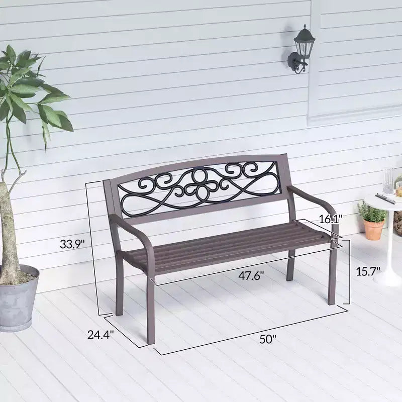Banc d'extérieur 50 places, banc de jardin en métal avec dossier à motif floral, banc de porche avec siège à lattes pour parc, pelouse