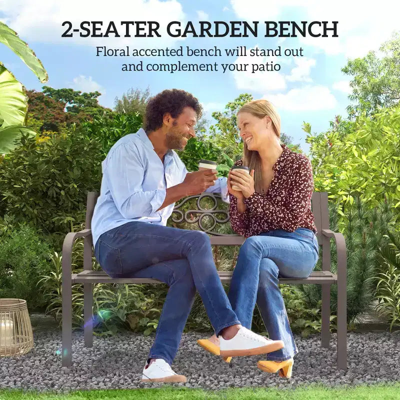 Banc d'extérieur 50 places, banc de jardin en métal avec dossier à motif floral, banc de porche avec siège à lattes pour parc, pelouse