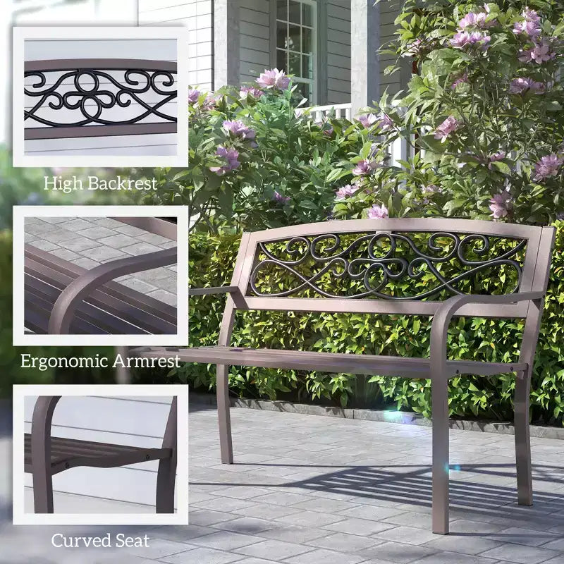 Banc d'extérieur 50 places, banc de jardin en métal avec dossier à motif floral, banc de porche avec siège à lattes pour parc, pelouse