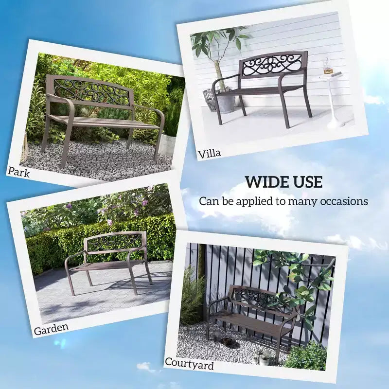 Banc d'extérieur 50 places, banc de jardin en métal avec dossier à motif floral, banc de porche avec siège à lattes pour parc, pelouse