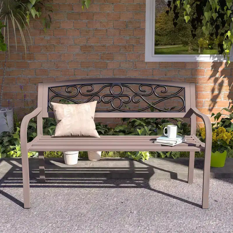 Banc d'extérieur 50 places, banc de jardin en métal avec dossier à motif floral, banc de porche avec siège à lattes pour parc, pelouse