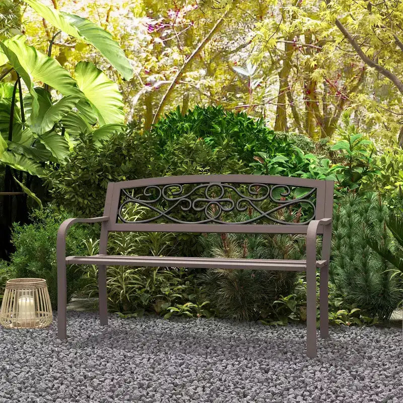 Banc d'extérieur 50 places, banc de jardin en métal avec dossier à motif floral, banc de porche avec siège à lattes pour parc, pelouse