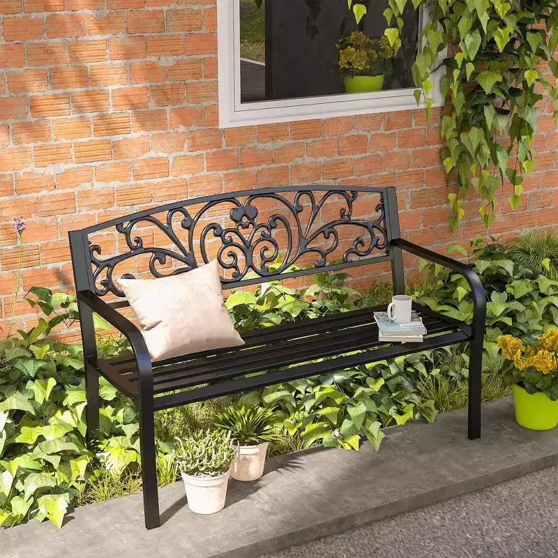 Banc d'extérieur 50 places, banc de jardin en métal avec dossier à motif floral, banc de porche avec siège à lattes pour parc, pelouse
