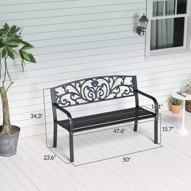 Banc d'extérieur 50 places, banc de jardin en métal avec dossier à motif floral, banc de porche avec siège à lattes pour parc, pelouse