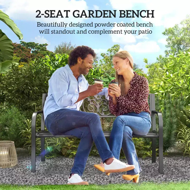 Banc d'extérieur 50 places, banc de jardin en métal avec dossier à motif floral, banc de porche avec siège à lattes pour parc, pelouse