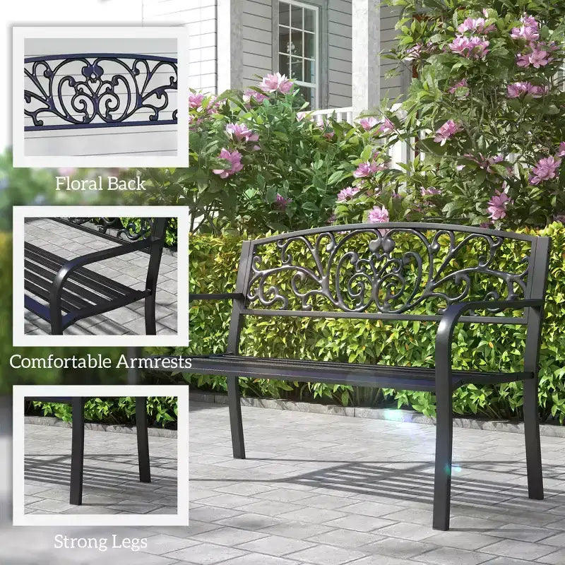 Banc d'extérieur 50 places, banc de jardin en métal avec dossier à motif floral, banc de porche avec siège à lattes pour parc, pelouse