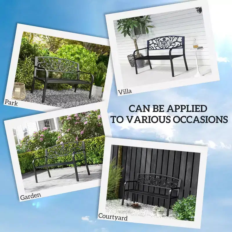 Banc d'extérieur 50 places, banc de jardin en métal avec dossier à motif floral, banc de porche avec siège à lattes pour parc, pelouse