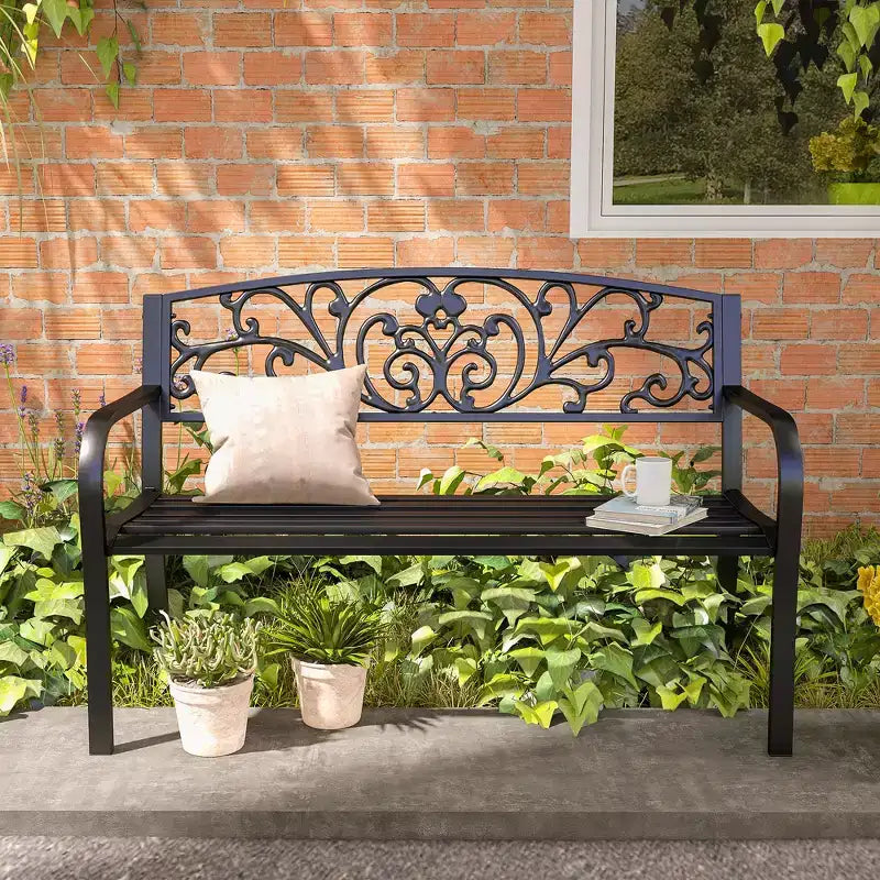 Banc d'extérieur 50 places, banc de jardin en métal avec dossier à motif floral, banc de porche avec siège à lattes pour parc, pelouse