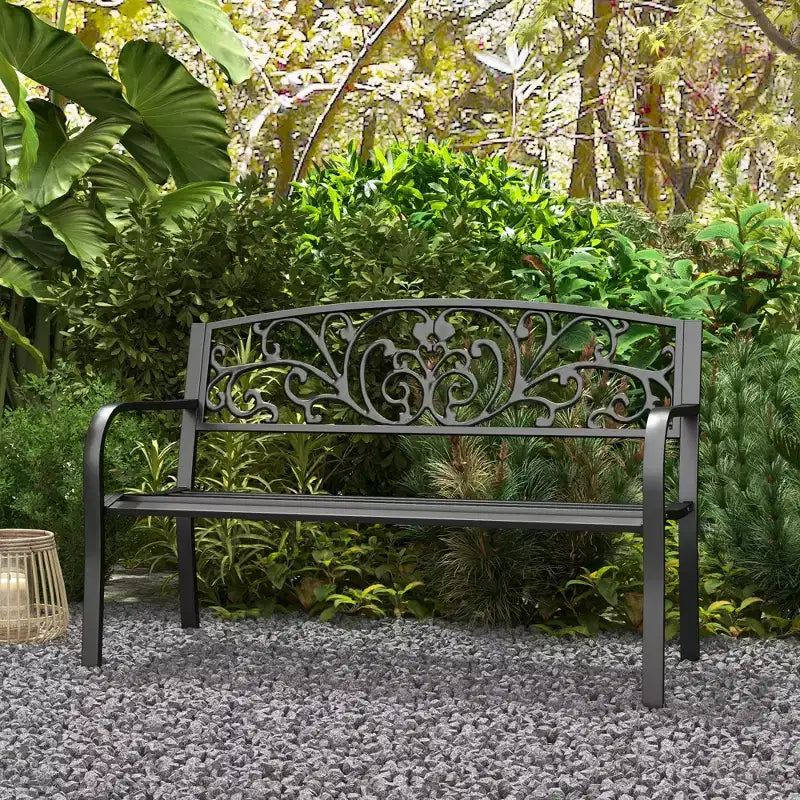Banc d'extérieur 50 places, banc de jardin en métal avec dossier à motif floral, banc de porche avec siège à lattes pour parc, pelouse