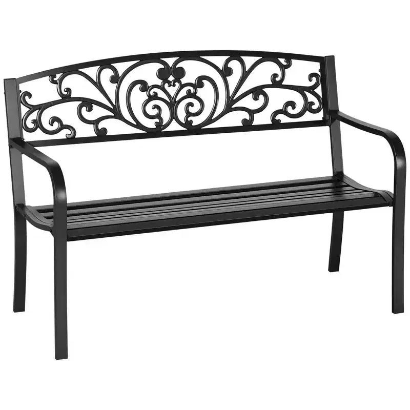 50 Outdoor Bench, Metal Garden Bench with Floral Pattern Backrest, Porch Bench with Slatted Seat for Park, Lawn