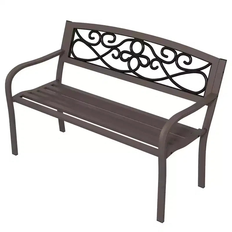 Banc d'extérieur 50 places, banc de jardin en métal avec dossier à motif floral, banc de porche avec siège à lattes pour parc, pelouse