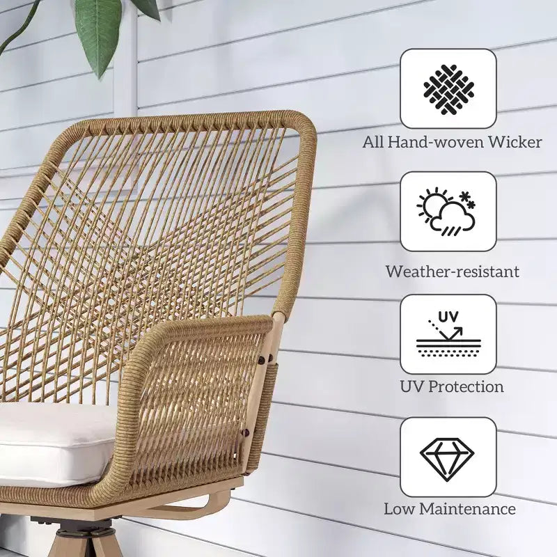 Lot de 2 chaises de salle à manger pivotantes en rotin pour l'extérieur, avec coussins moelleux, pour jardin, pelouse ou terrasse.