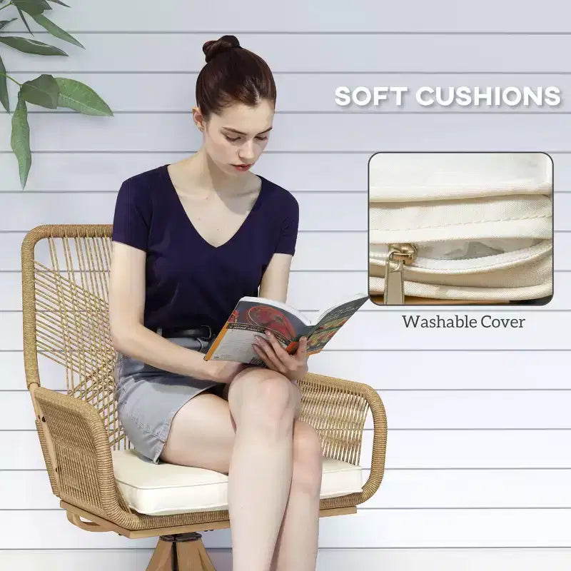 Lot de 2 chaises de salle à manger pivotantes en rotin pour l'extérieur, avec coussins moelleux, pour jardin, pelouse ou terrasse.
