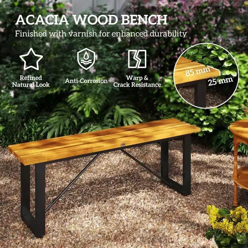 Banc d'extérieur, Banc de jardin 2 places sans dossier, Banquette de terrasse en bois d'acacia avec assise à lattes pour Porche, Parc