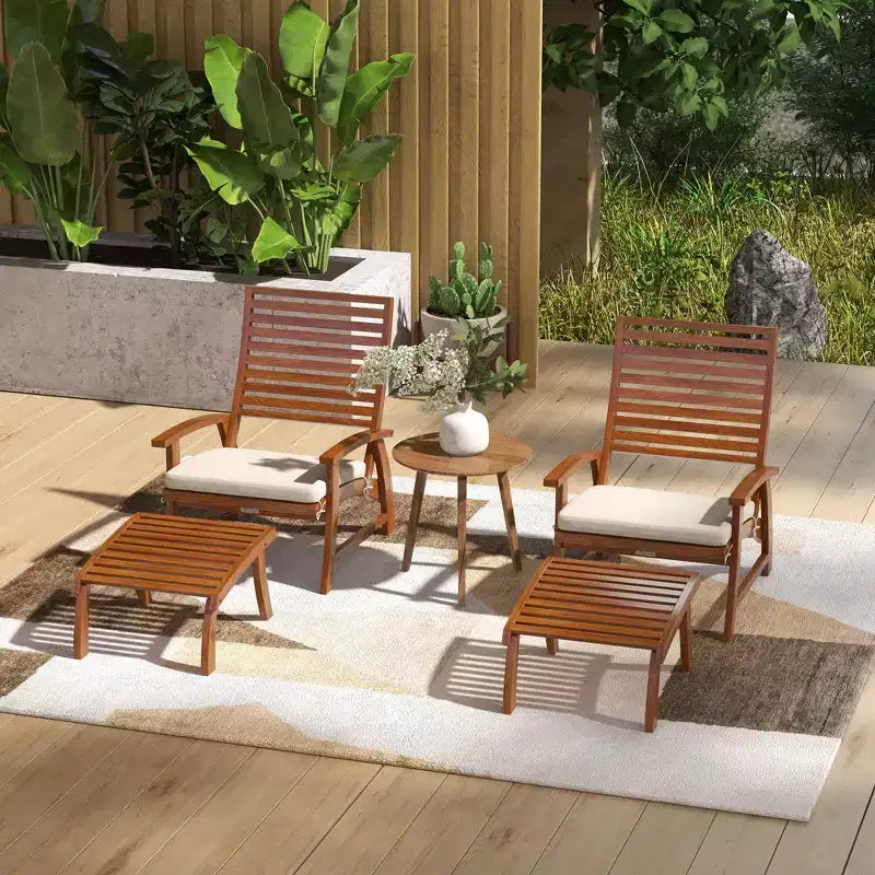 Salon de jardin 4 pièces, 2 chaises avec coussins et poufs, bois d'acacia à lattes