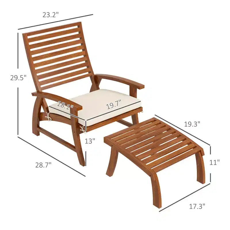 Salon de jardin 4 pièces, 2 chaises avec coussins et poufs, bois d'acacia à lattes