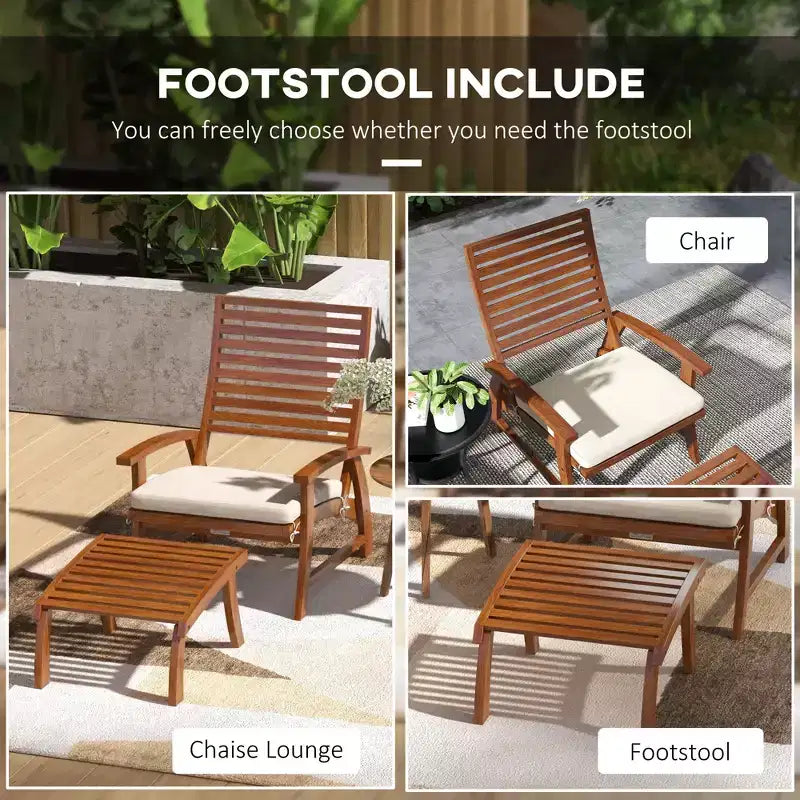 Salon de jardin 4 pièces, 2 chaises avec coussins et poufs, bois d'acacia à lattes