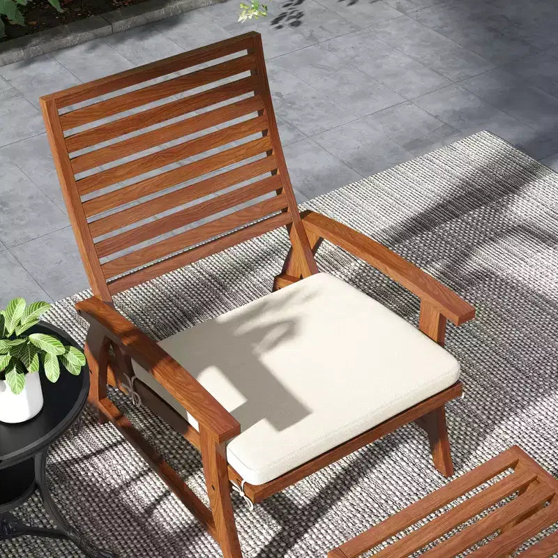 Salon de jardin 4 pièces, 2 chaises avec coussins et poufs, bois d'acacia à lattes