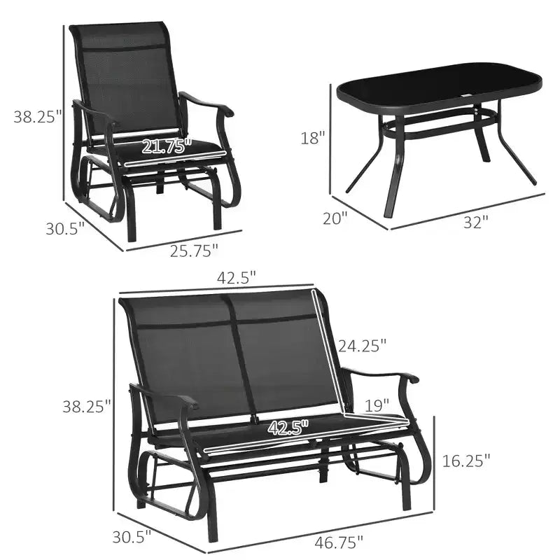 Ensemble de planeurs 4 pièces, ensembles de meubles d'extérieur avec banc de patio planeur 2 personnes, chaise longue simple et table basse en verre pour cour arrière, pelouse et jardin