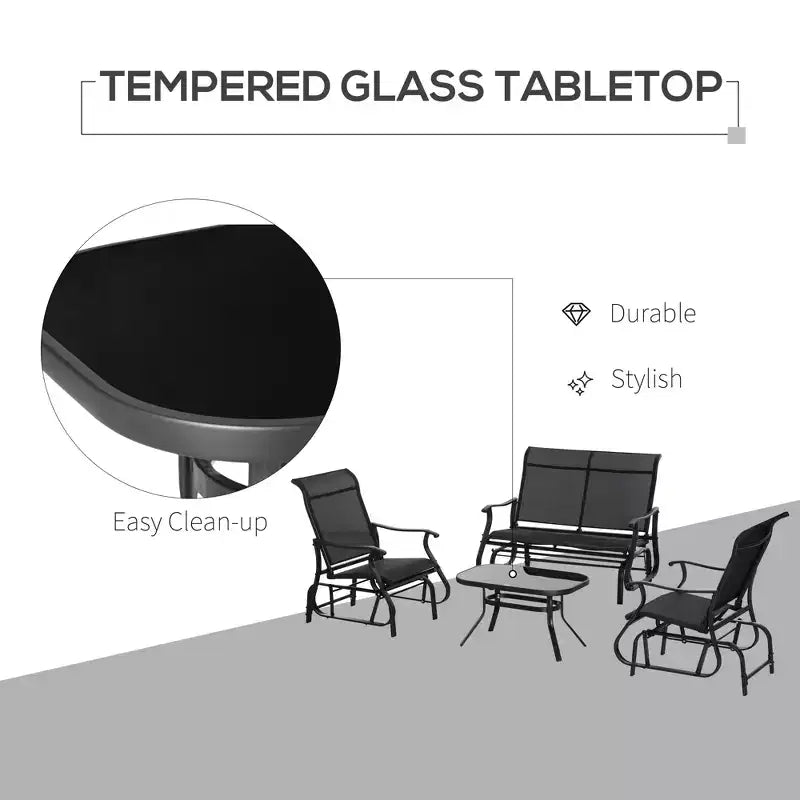 Ensemble de planeurs 4 pièces, ensembles de meubles d'extérieur avec banc de patio planeur 2 personnes, chaise longue simple et table basse en verre pour cour arrière, pelouse et jardin