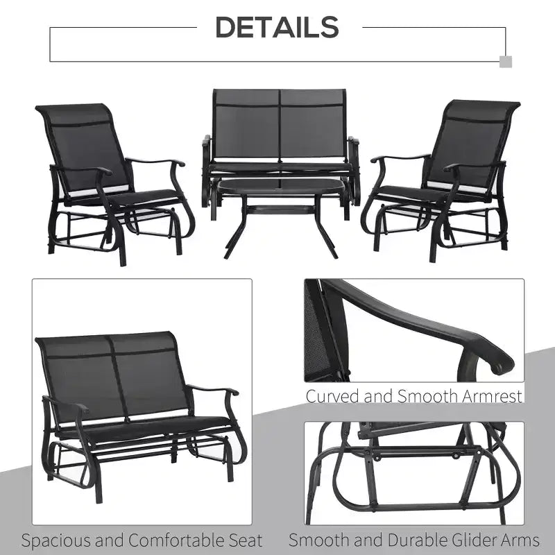 Ensemble de planeurs 4 pièces, ensembles de meubles d'extérieur avec banc de patio planeur 2 personnes, chaise longue simple et table basse en verre pour cour arrière, pelouse et jardin