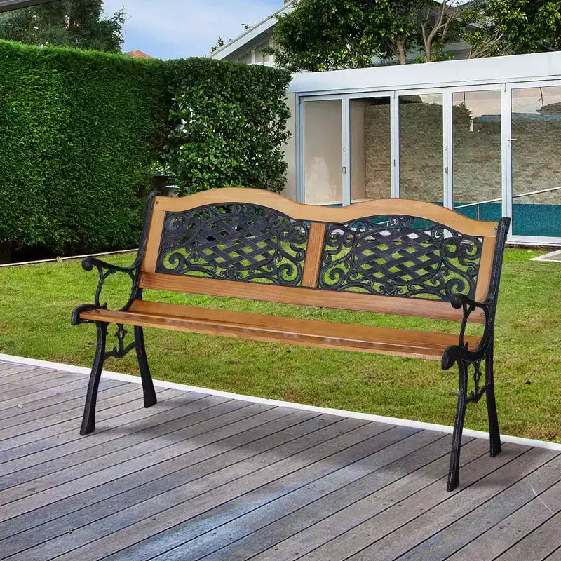 Banc d'extérieur de jardin de 50 po, banc de patio de parc deux places et cadre métallique avec dossier en plastique fleuri