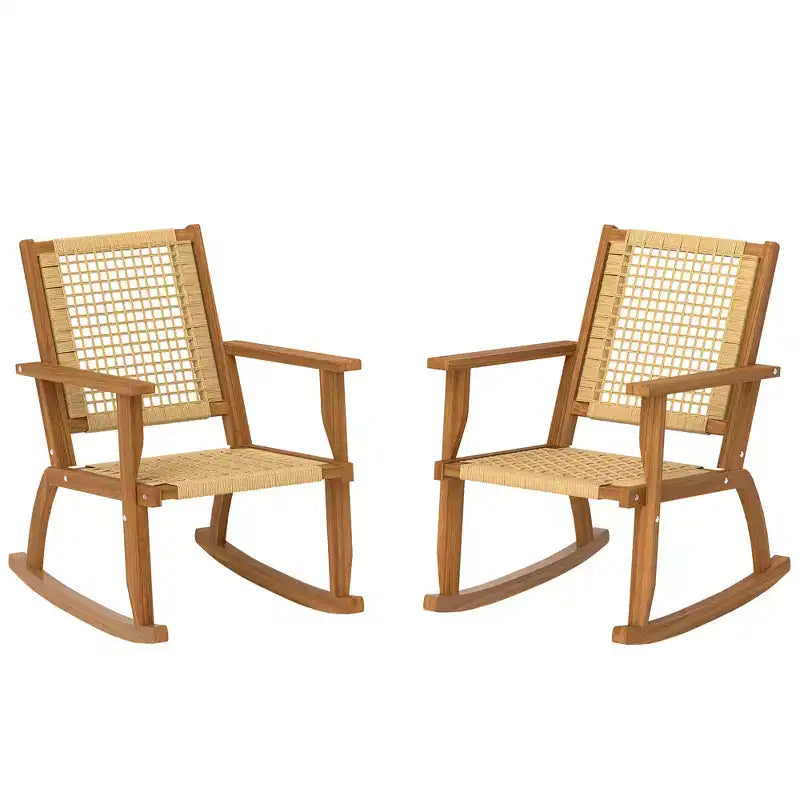 Outdoor Lawn Rocking Chair Set of 2, Acacia Wood Patio Rocking Chairs with Wicker Back and Seat for Garden