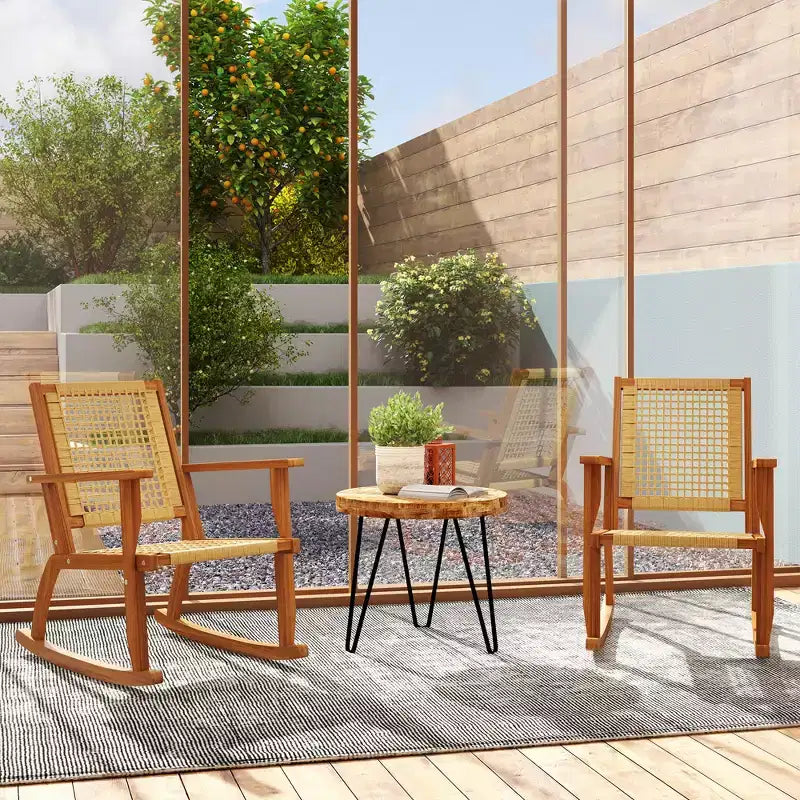 Ensemble de 2 chaises berçantes d'extérieur, chaises berçantes de terrasse en bois d'acacia avec dossier et assise en osier pour le jardin