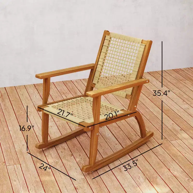 Ensemble de 2 chaises berçantes d'extérieur, chaises berçantes de terrasse en bois d'acacia avec dossier et assise en osier pour le jardin