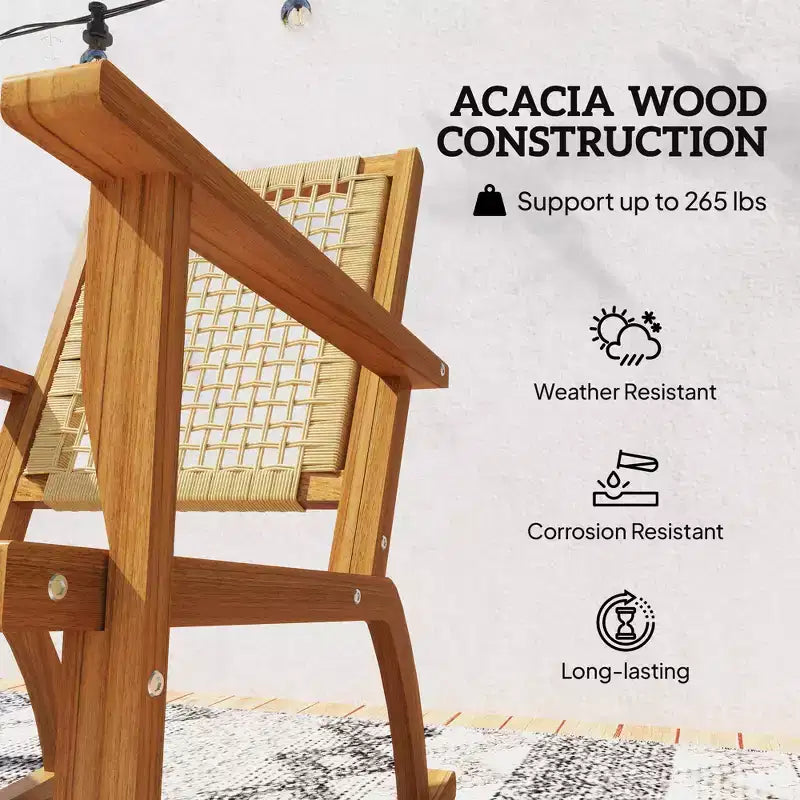 Ensemble de 2 chaises berçantes d'extérieur, chaises berçantes de terrasse en bois d'acacia avec dossier et assise en osier pour le jardin