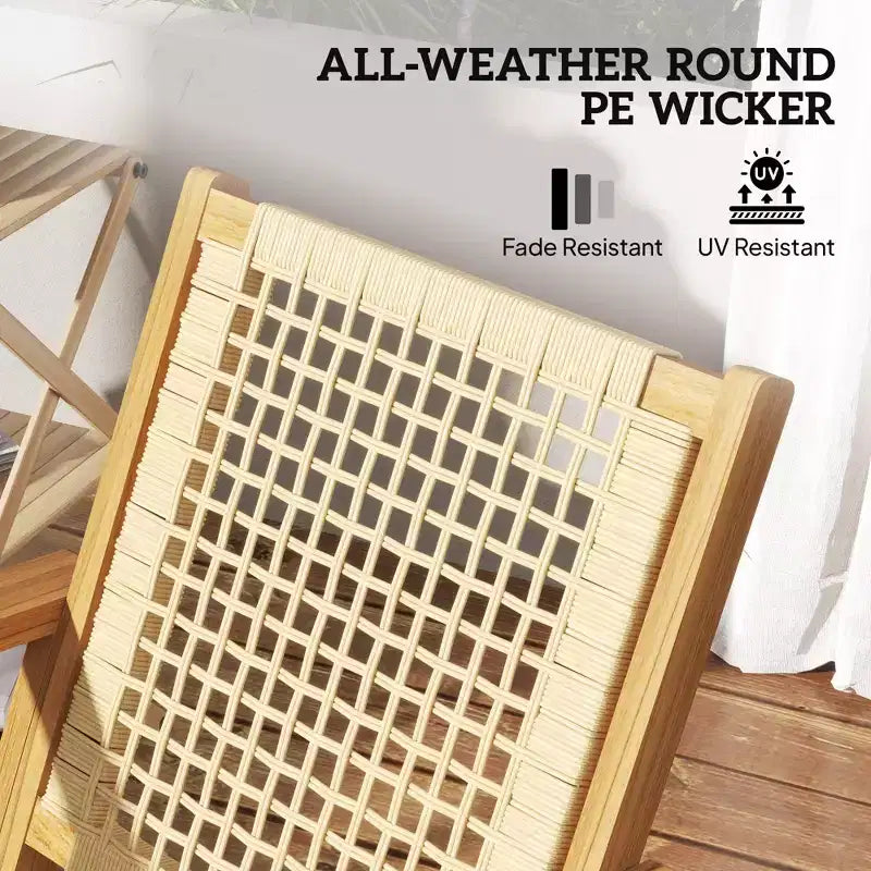 Ensemble de 2 chaises berçantes d'extérieur, chaises berçantes de terrasse en bois d'acacia avec dossier et assise en osier pour le jardin