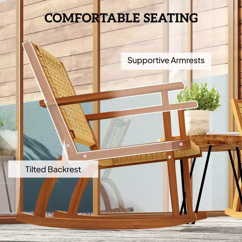 Ensemble de 2 chaises berçantes d'extérieur, chaises berçantes de terrasse en bois d'acacia avec dossier et assise en osier pour le jardin