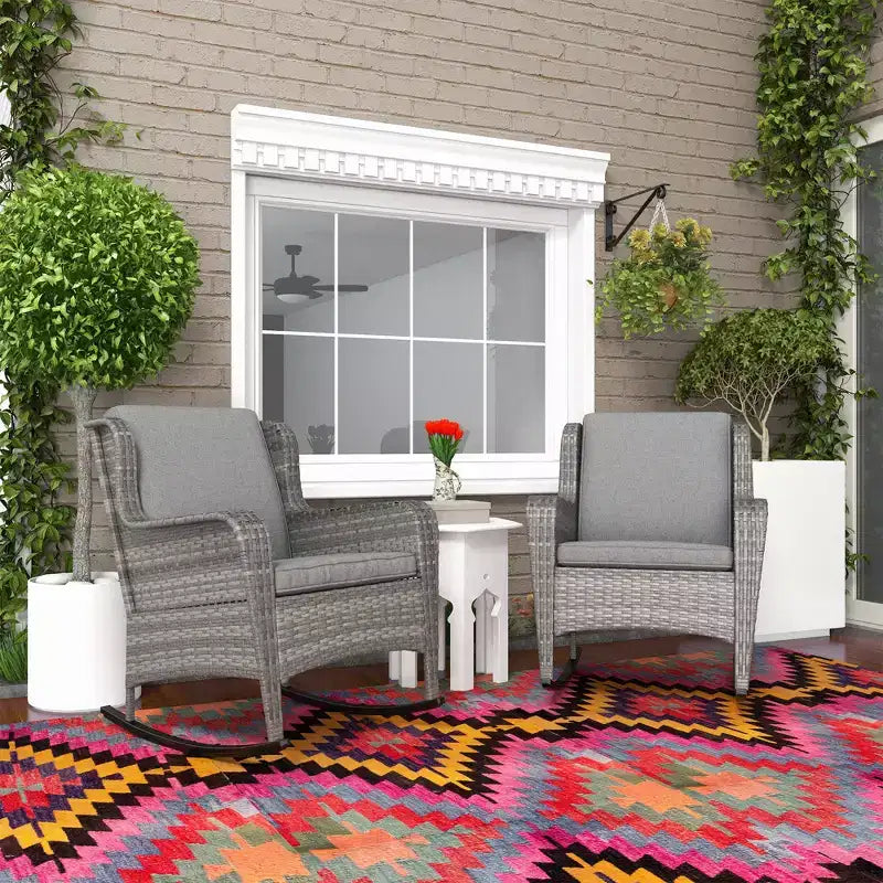 2 fauteuils à bascule d'extérieur en osier, fauteuils à bascule en rotin avec coussins, structure en acier pour terrasse, jardin