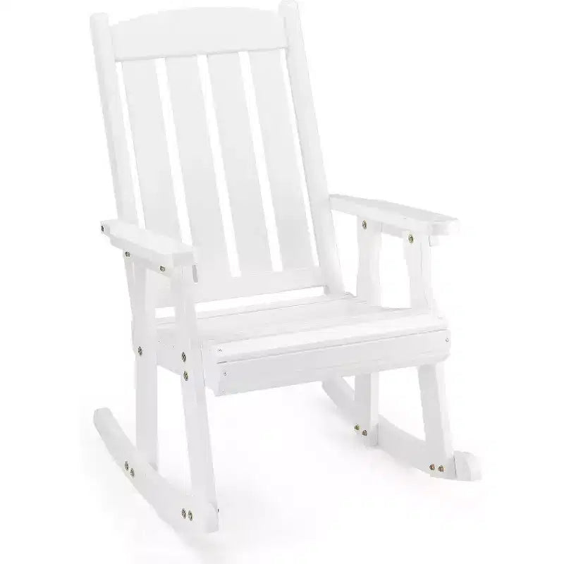 VINGLI Heavy Duty 600 LBS Outdoor Wooden Rocking Chair with Higher Backrest,Patio Rocking Chair with Ergonomic Design, White