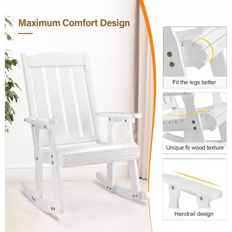 VINGLI Fauteuil à bascule en bois robuste pour l'extérieur, 272 kg, avec dossier plus haut, chaise à bascule de patio au design ergonomique, blanc
