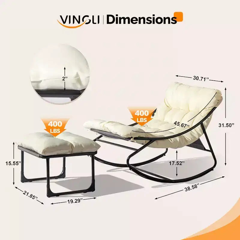 Fauteuil à bascule d'extérieur VINGLI avec repose-pieds, chaise longue rembourrée confortable pour l'intérieur et l'extérieur, supporte 180 kg, blanc