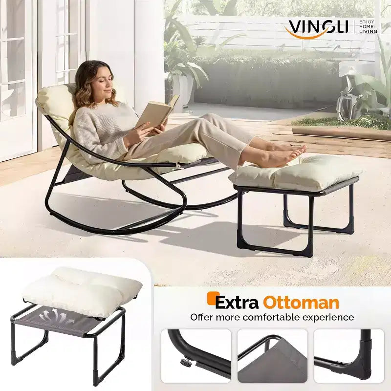 Fauteuil à bascule d'extérieur VINGLI avec repose-pieds, chaise longue rembourrée confortable pour l'intérieur et l'extérieur, supporte 180 kg, blanc