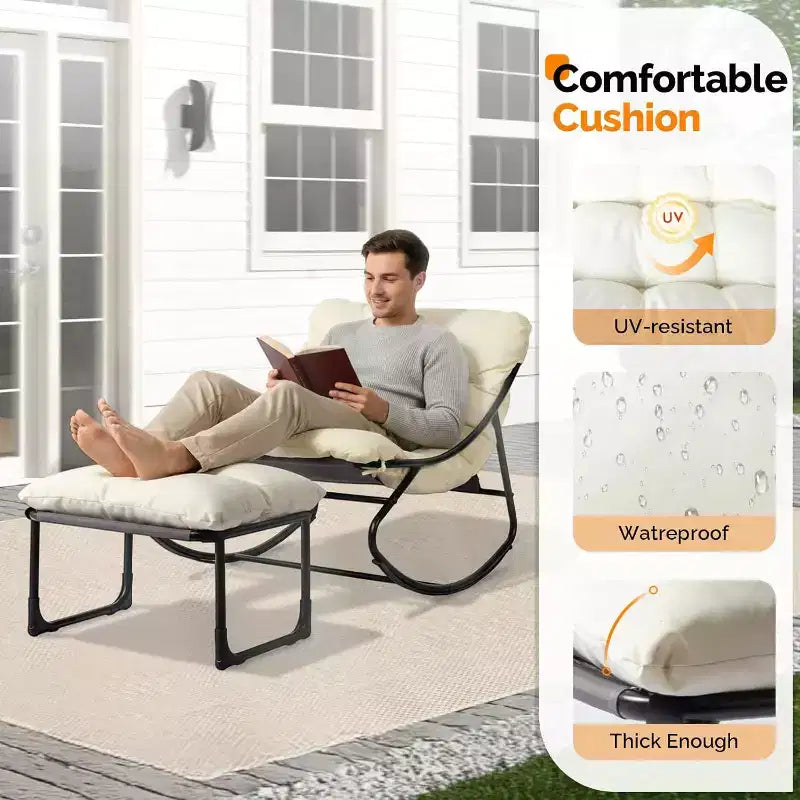 Fauteuil à bascule d'extérieur VINGLI avec repose-pieds, chaise longue rembourrée confortable pour l'intérieur et l'extérieur, supporte 180 kg, blanc