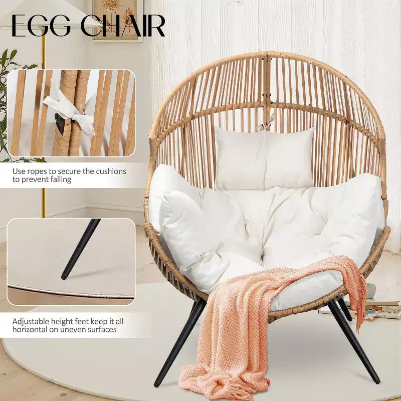 Fauteuil œuf en osier Celebalcony – Fauteuil de patio en rotin avec coussin, chaise œuf de salon intérieure-extérieure pour salon, chambre, patio, jardin.