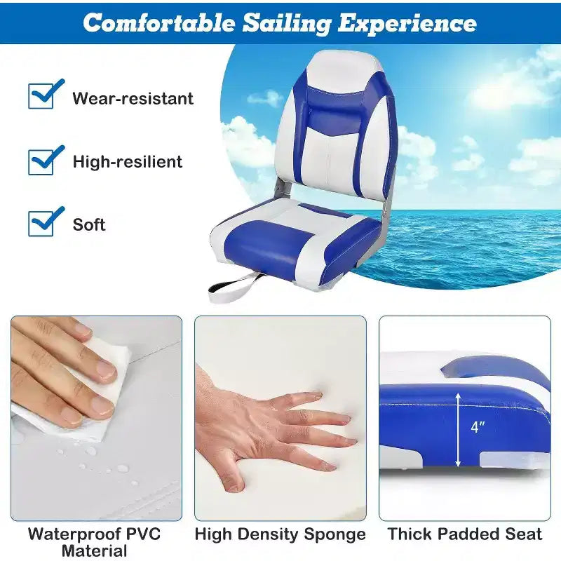 Siège de bateau à dossier haut Gymax 1/2 pièce, pliable, pour la pêche, avec coussin rembourré doux, siège de capitaine rabattable avec charnières flexibles noir/bleu
