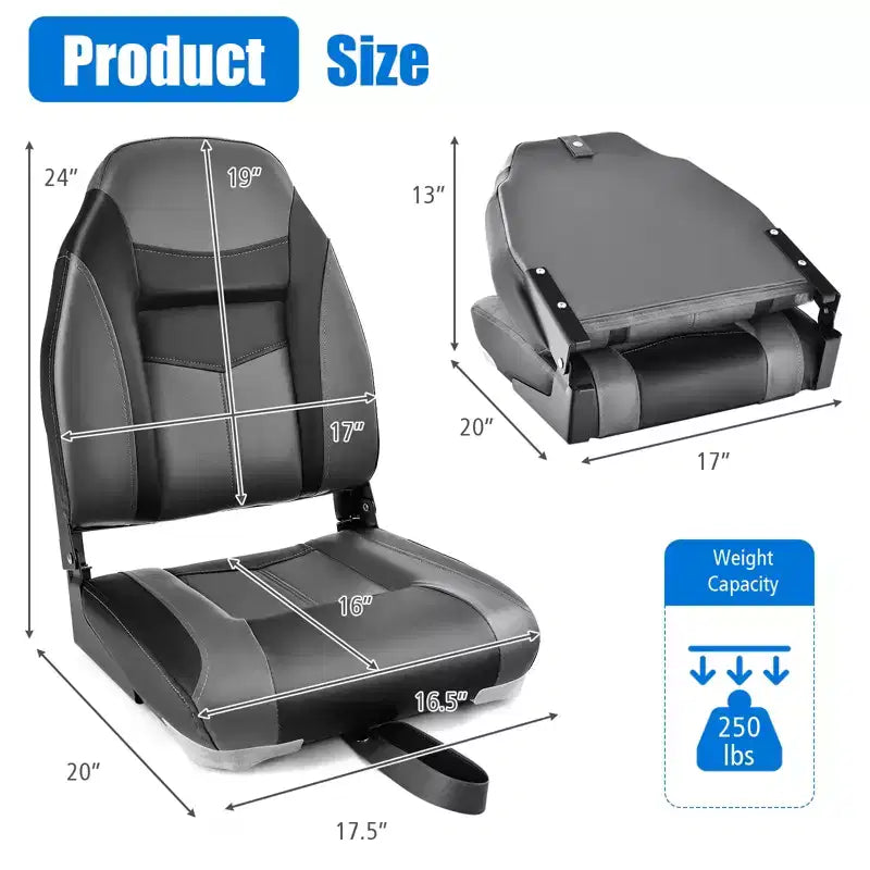 Siège de bateau à dossier haut Gymax 1/2 pièce, pliable, pour la pêche, avec coussin rembourré doux, siège de capitaine rabattable avec charnières flexibles noir/bleu
