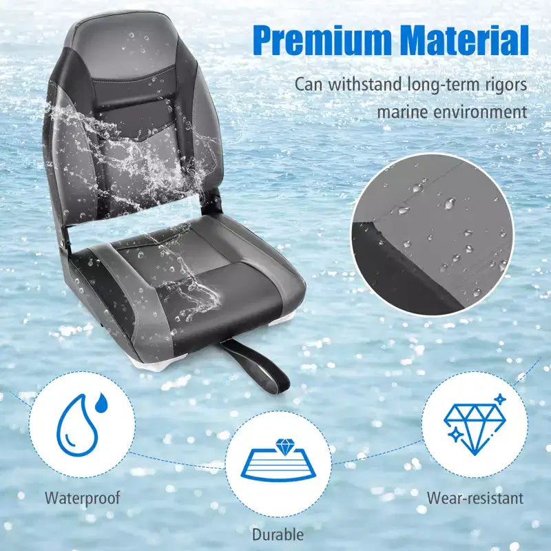 Siège de bateau à dossier haut Gymax 1/2 pièce, pliable, pour la pêche, avec coussin rembourré doux, siège de capitaine rabattable avec charnières flexibles noir/bleu