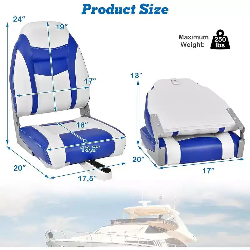Siège de bateau à dossier haut Gymax 1/2 pièce, pliable, pour la pêche, avec coussin rembourré doux, siège de capitaine rabattable avec charnières flexibles noir/bleu
